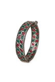 Oxidized Silver Bangle Set With Green & Red Stones