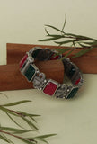 Royal Elegance Oxidised Silver Bangle Set With Green & Red Stones