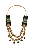Green Fabric Necklace with Gold-Plated Meenakari Square Charm – 2 Layers