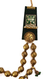 Green Fabric Necklace with Gold-Plated Meenakari Square Charm – 2 Layers