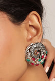 Green Stone Work Brass Metal Peacock Design Stud with Adjustable Ring