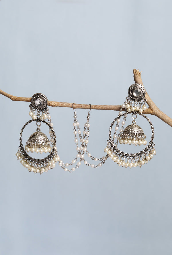 German Silver Partywear Stunning Earring with Hair Extension Designer