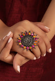 Trendy Stylish Designer Flower Shaped Pink/Orange Stone Work Traditional Adjustable Ring