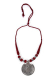 German Silver Premium Quality Designer Round Pendant With Maroon Thread Ball With Dori Necklace