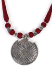 German Silver Premium Quality Designer Round Pendant With Maroon Thread Ball With Dori Necklace
