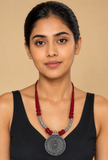 German Silver Premium Quality Designer Sheild Shapped Pendant With Maroon Thread Ball With Dori Necklace