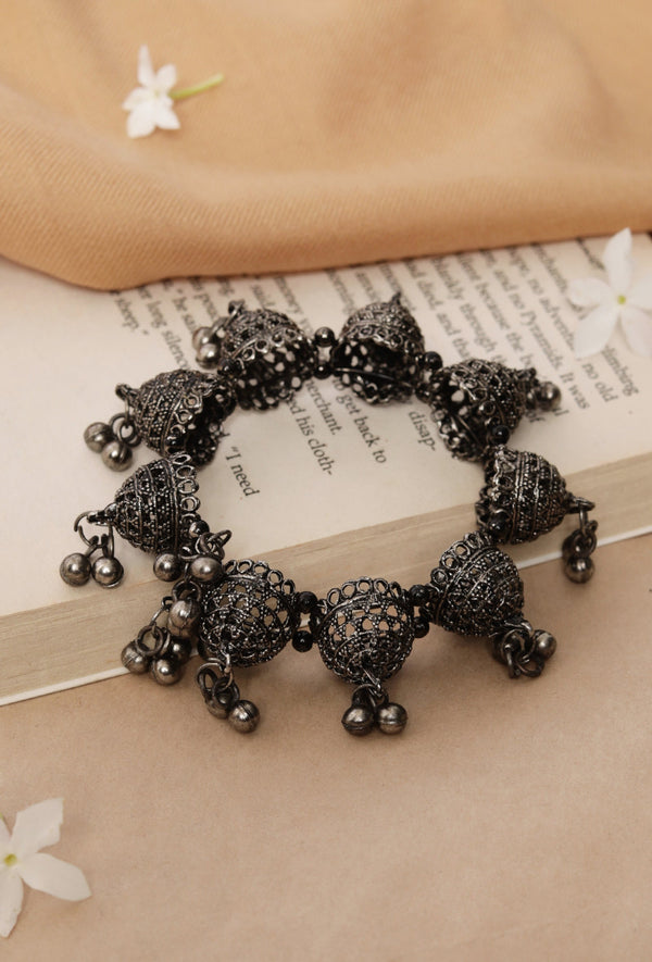 Oxidized Silver Antique Silver Banjara 9 Jhumki Adjustable Size Bracelet