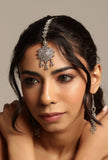 Silver Plated Partywear Trendy Shaped Square Bead Chain Maangtikka With Dangler Earring