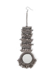 Oxidized Silver Designer Mirror Round Shape With Ghunghru Chain Maangtikka