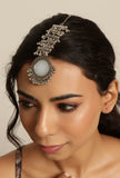 Oxidized Silver Designer Mirror Round Shape With Ghunghru Chain Maangtikka