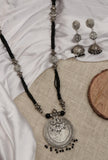 German Silver Lightweight Pendant Set Black Bead Dori Necklace & Jhumki Earrings