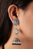 German Silver Lightweight Pendant Set Black Bead Dori Necklace & Jhumki Earrings