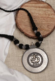 Rustic Charm: Ganesha Silver Pendant with Tribal Dori