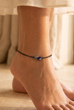 Adjustable Black Thread Anklet with German Silver Evil Eye & Silver-Plated Tortoise Charm