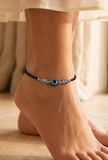 Pair of German Silver Anklets with Elephant Charm, Evil Eye, and Black Beads