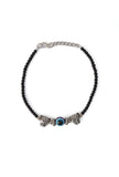 Pair of German Silver Anklets with Lion Charm, Evil Eye, and Black Beads