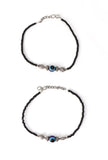 Pair of German Silver Flower Anklets with Evil Eye & Black Beads