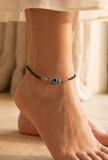 Pair of German Silver Flower Anklets with Evil Eye & Black Beads