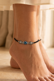 Pair of German Silver Anklets with Tortoise Charm, Evil Eye, and Black Beads
