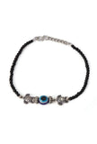 Pair of German Silver Anklets with Tortoise Charm, Evil Eye, and Black Beads