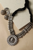 Peacock and Lakshmi heritage necklace set in oxidised silver with maroon and white motifs by Saagah by Tjori