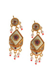 Pair of gold-tone Meenakari drop earrings with ivory panels, kundan work and pearl-red bead danglers