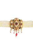 Close-up of Rajwada Ivory Meenakari choker centerpiece with layered pearls and ruby-toned bead drops