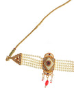 Side view of ivory Meenakari pearl choker showing geometric kundan motif and red and white bead hangings