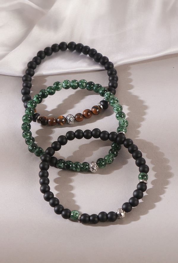 Onyx Tiger Eye Green Jasper & Lava Stone Unisex Bracelet - Set of 3