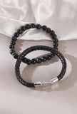 Steel Leather & Matte Black Onyx Bracelet Duo