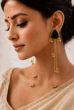 Kashmiri Black Stone Gold-Tone Long Dangler Earrings