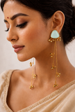 Kashmiri Mint Green Stone Gold-Tone Long Dangler Earrings