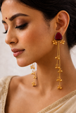 Kashmiri Ruby Red Stone Gold-Tone Long Dangler Earrings