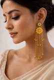 Kashmiri Yellow Floral Pearl Long Dangler Earrings