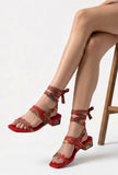 Scarlet Red Kalamkari Tie Up Heels