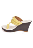 Yellow and White Vegan Leather Kolhapuri Wedges