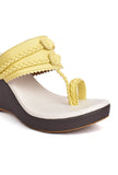Yellow and White Vegan Leather Kolhapuri Wedges