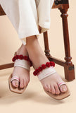 Tawny Brown Ikat One Toe Cruelty Free Leather Flats With Red Pom Pom