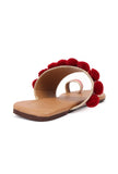 Tawny Brown Ikat One Toe Cruelty Free Leather Flats With Red Pom Pom