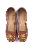 Tan Delight: Golden Chandbali Jutti with Yellow Dots