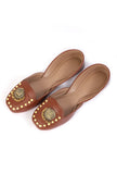 Tan Delight: Golden Chandbali Jutti with Yellow Dots
