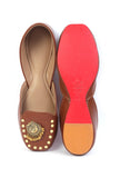 Tan Delight: Golden Chandbali Jutti with Yellow Dots