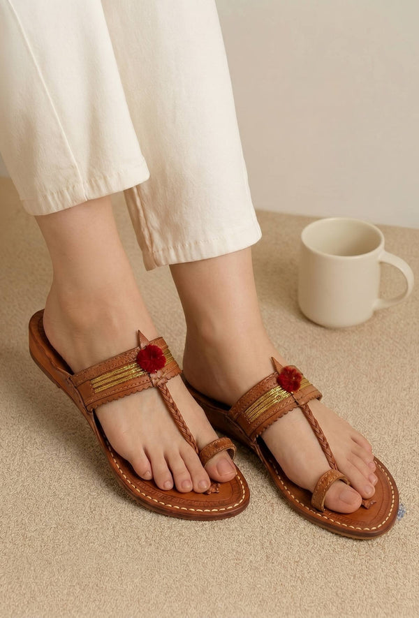 Saanjh Golden Strap Cruelty-Free Genuine Leather Kolhapuri