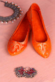 Orange Brocade Pointed Toe Ballerina Flats