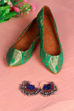 Green Pointed Toe Brocade Ballerina Flats