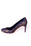 Blue Brocade Pencil Heel Pumps
