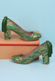 Green Brocade Block Heel