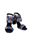Indigo Ajrakh Cotton Strappy Block Heels In Suede