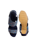 Royal Blue Ajrakh Cotton Strappy Block Heels In Suede