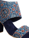 Royal Blue Ajrakh Cotton Strappy Block Heels In Suede